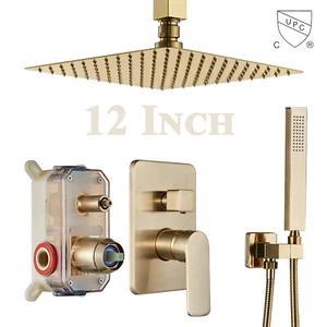 Brushed Gold Shower Faucet Set with Valve 12” Rainfall Head Combo kit Ceil Mount - Picture 1 of 12