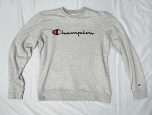 Vintage Champion Sweater Mens Medium Gray Crew Neck Sweatshirt Spell Out Logo - Picture 1 of 7