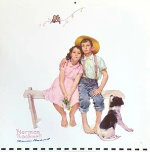 NORMAN ROCKWELL HAND SIGNED 11" X 11" COLOR CALENDAR PRINT "GIRL, BOY & DOG" - Picture 1 of 1