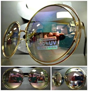 OVERSIZED EXAGGERATED RETRO Style SUN GLASSES Large Round Gold Frame Pink Lens - Picture 1 of 10