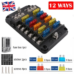12Way Blade Fuse Box Holder & 24 Standard Blade Fuses For Car Camper Van 12V 24V - Picture 1 of 14
