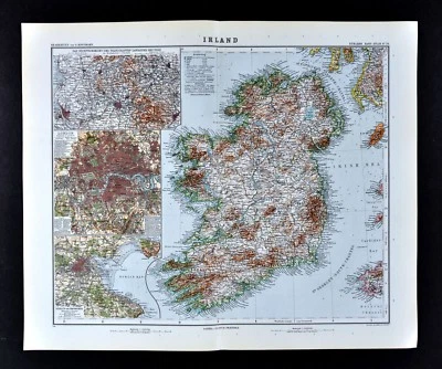 Mapa Stieler 1911 Irlanda Dublin Cortiça Belfast - Manchester Londres Planos Inglaterra - Imagem 1 de 3
