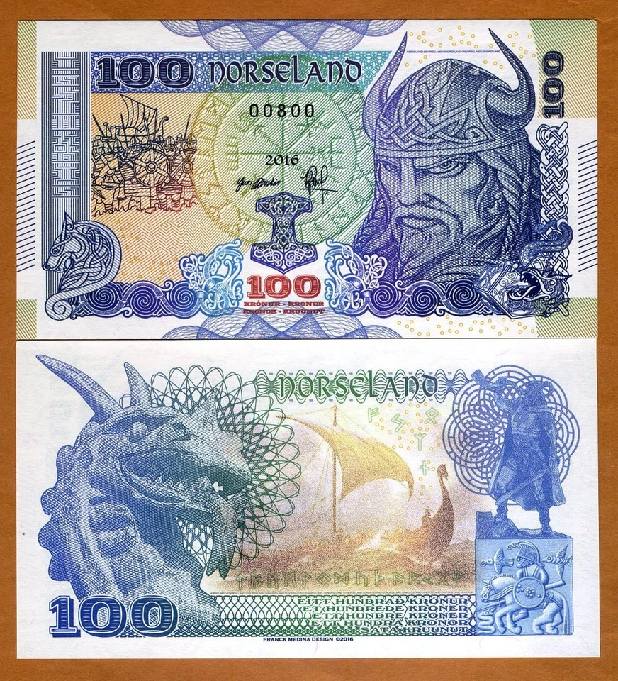 Norseland, 100 coronas 2016, edición privada, ensayo/especimen UNC vikingo, dragón Foto 1 de 1