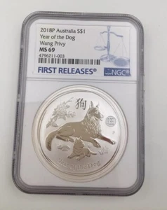 Rare 2018-P Australia Year of Dog 1 oz Silver Lunar Wang Privy $1 Coin NGC MS69 - Picture 1 of 3