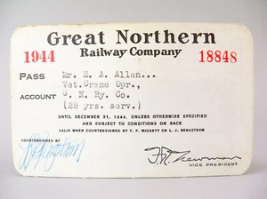1944 GREAT NORTHERN RAILWAY CO RAILROAD EMPLOYEE PASS #18848 - Picture 1 of 2