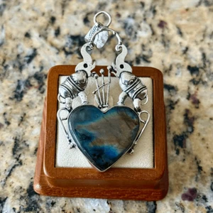 Collana Argento Ciondolo Cuore Artigianale Pietra Preziosa Labradorite Motivo Elefante Bali - Foto 1 di 8