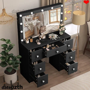 Vanity Makeup Table Set Dressing Desk With 11 LED Lighted Mirror 7 Drawers Black - Picture 1 of 12