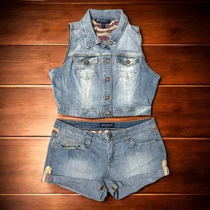Rocawear 2 Stück bestickt Denim USA Patchwork Weste & Shorts Größe L Streetwear Y2K - Bild 1 von 17