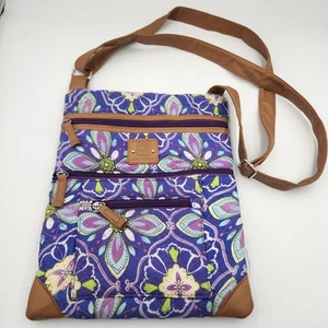 Bolso Bandolera Stone Mountain Acolchado Floral Púrpura Marrón Cuero Borde Ajustable - Imagen 1 de 7
