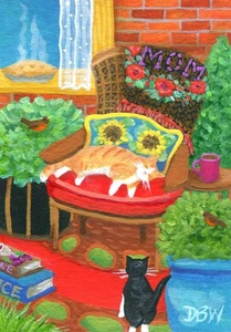 ACEO original miniature art painting animals cats outdoor folk art birds by DBW - Picture 1 of 2