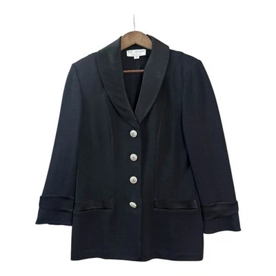 Blazer de Noche St John 12 Negro Mezcla de Lana Tejido Borde Satinado Estrás Corbata Negra Foto 1 de 4