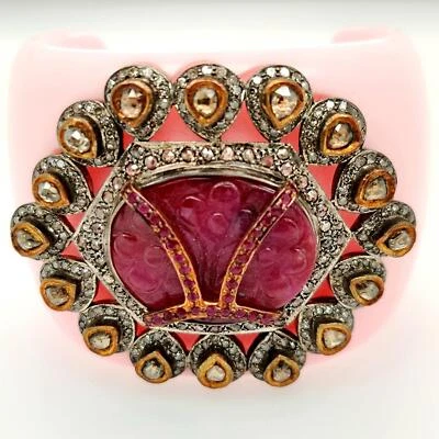 Handmade Carved Ruby Gemstone Natural Diamond Bangle Jewelry For Women - Image 1 of 4
