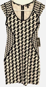 New! Express Pencil Dress Women's Sz 2 Black White Houndstooth Fitted Midi NWT - Picture 1 of 6