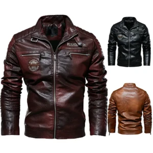 Men Pu Leather Slim Motorcycle Jacket Korean Fashion Stand Collar Casual coat - Picture 1 of 11