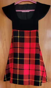 VTG 1970 Sz Sm / 5 Black Velvet Empire Waist Red Plaid Mini Dress, Back Sash - Picture 1 of 3