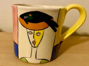 Multi-Colored Ceramic Glazed Signed Coffee Mug Art Cubism Woman in a Fish Hat - Picture 1 of 9