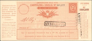 SAVOYSTAMPS - Italy Cartolina-Vaglia not sent ANNULATO - Picture 1 of 1