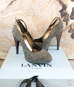 Lanvin Black Crystal Embellished Ankle Strap Platform Pump - Picture 1 of 10
