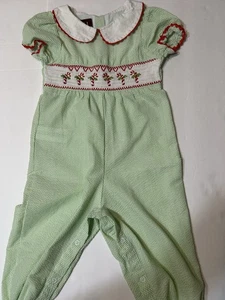 Girls Smocked Christmas Long Bubble Romper Candy Canes Seersucker Sz 2T Toddler - Picture 1 of 12
