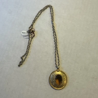 Vintage Emmons Amber Colored Glass Pendant Goldtone Necklace 25" Signed  Foto 1 de 3