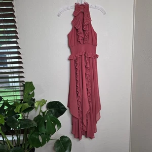 Keepsake High Low Dress Ruffle Halter Neck Sleeveless Smocked Waist Pink Size S - Picture 1 of 12