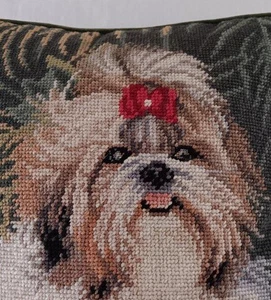12" Shih Tzu Wool Needlepoint Throw Pillow Green Velvet Completed Embroidered - Picture 1 of 4