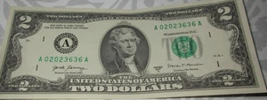 201A REPEATER $2 DOLLAR BILL A02023636A- FANCY SERIAL NUMBER-SHIPS FREE - Picture 1 of 2
