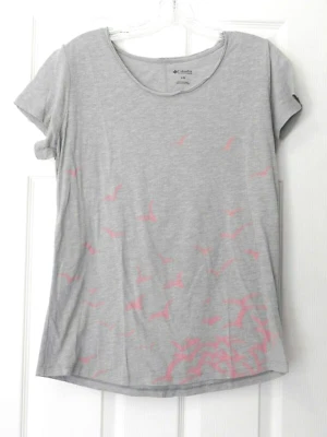 Columbia Women's Size L Gray Scoop Roll Neck Thin SS Top W/Pink Birds FL6165 - Image 1 of 2