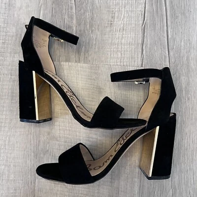 Sandália Sam Edelman Synthia Salto Grosso Tira no Tornozelo Feminina Tamanho 7 Camurça Preta - Imagem 1 de 4