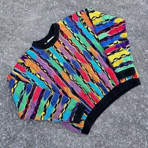 Vtg 90s Coogi Australia 3D Chunky Knit Sweater Multicolor XL AOP Rainbow Biggie - Picture 1 of 12