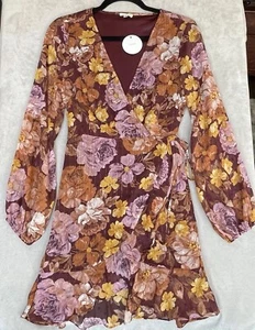 En Crème Dress Womens Small Floral Wrap Boho Metallic Ruffle Cottagecore Mini - Picture 1 of 9