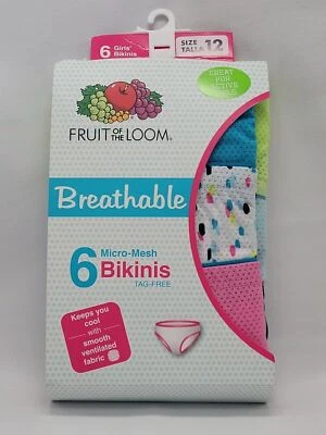 Girls 6 Pack Micro-Mesh Bikinis Breathable Underwear Size 12 Fruit of the Loom - Image 1 of 4