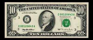 $10 1995 Green Seal Federal Reserve Note Philadelphia Almost Uncirculated (H66) - Picture 1 of 2