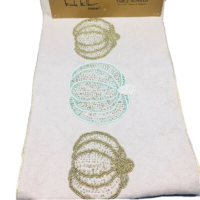 Nicole Miller Beaded 5 Pumpkin Table Runner Gold Aqua Blue Fall Shabby Chic 72” - Image 1 of 4