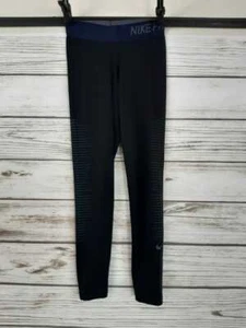 Nike Pro Womens Dri Fit Leggings Size M Black w/Blue Elastic Waist Stretch Gym - Picture 1 of 6