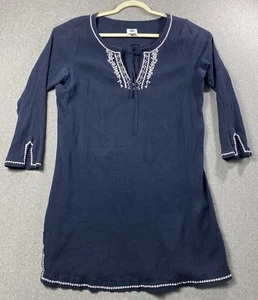 Vecchio abito tunica boho marina contadino manica lunga cotone blu navy ricamato tg L - Foto 1 di 4