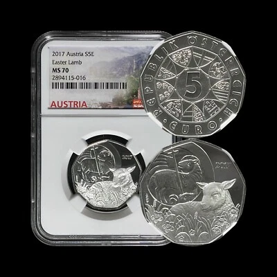 AUSTRIA. 2017, 5 Euro, Silver - NGC MS70 - Top Pop 🥇 Easter, Lamb of God - Image 1 of 4