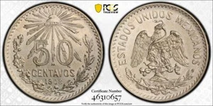 1908 Mo PCGS AU58 - MEXICO - Fifty Centavos 50c Coin #46033A - Picture 1 of 3