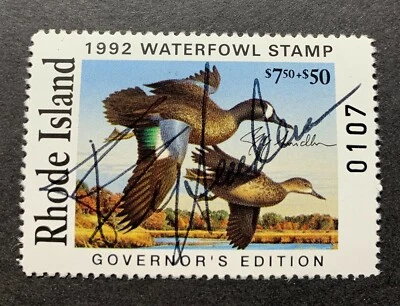1992 RHODE ISLAND - State Duck Stamp - Mint OG NH **GOVERNOR Ed.** HAND SIGNED  - Image 1 of 2