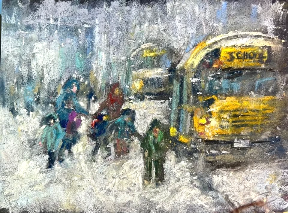 Arte de autobús escolar mañana de invierno, pintura original de nieve con niños, firmada por artista Foto 1 de 4
