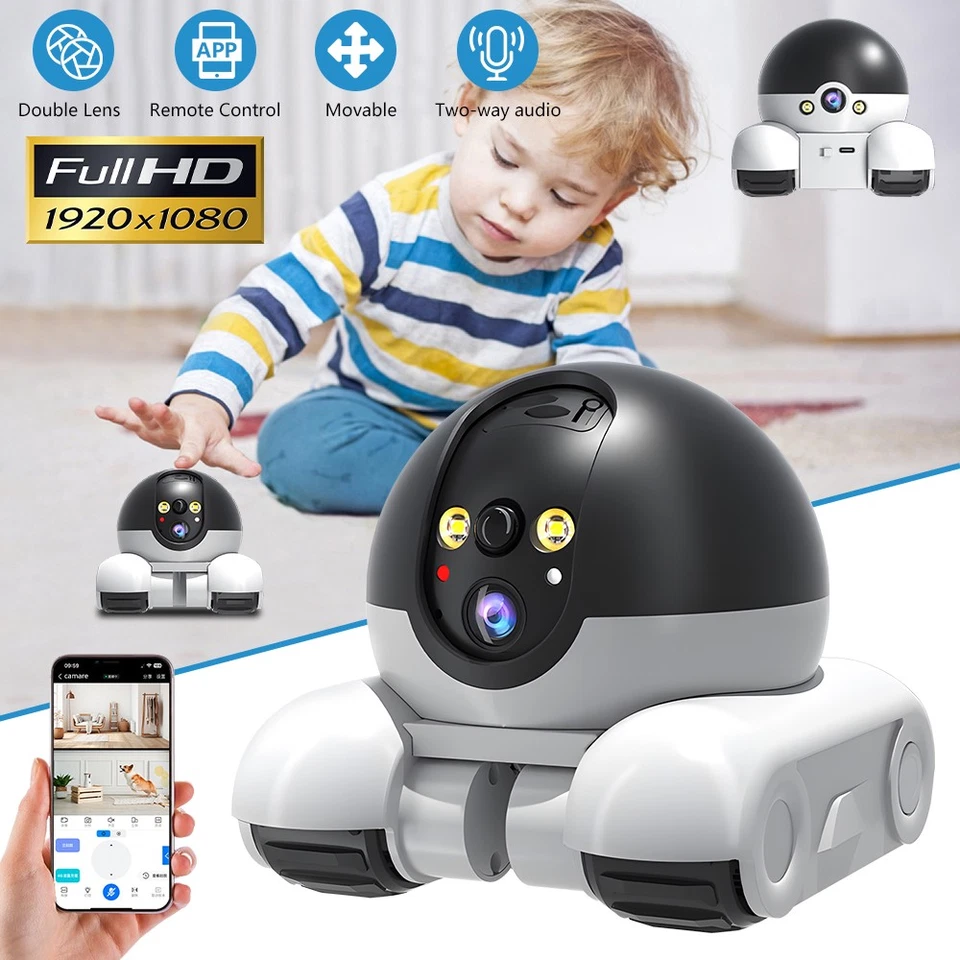 WiFi Robot Camera on Wheels 1080P Dual Lens Indoor Movable Security Surveillance - Image 1 of 4