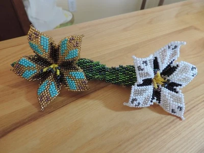 Hand Made Flower Beaded Hair Barrettes Lot of 2 Black Gold Silver Green - Image 1 of 4