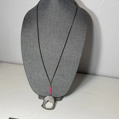 Boho Geode Slice Pendant Necklace Gold Tone Long Adjustable Pink Accents Unique - Image 1 of 4