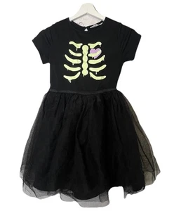 H&M Girls 8-10 Halloween Skeleton Dress Heart Bones Long Sleeve Cotton Tulle - Picture 1 of 7