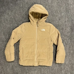 North Face Jacket Youth Moondoggy Hoodie Medium 10/12 Tan 550 Down Corduroy - Picture 1 of 15