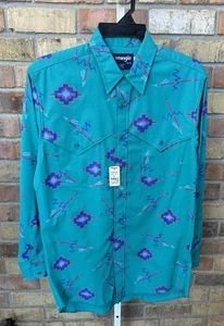 Camicia vintage Wrangler uomo turchese viola 15 1/2 decespugliatore Western Aztec - Foto 1 di 14