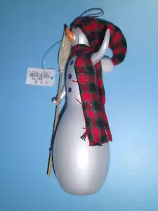 Snowman w/Fabric Plaid Scarf/Broom/Glitter 7" Christmas Ornament NWT Kohls 1990s - Picture 1 of 3