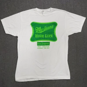 Marihuana High Life Tankstelle T-Shirt Herren Large Tultex weiß grün 420 Gras - Bild 1 von 16