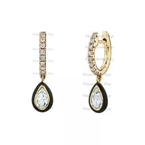 White Topaz And Black Enamel Teardrop Diamond Huggie Earring 14k Gold Jewelry - Picture 1 of 4