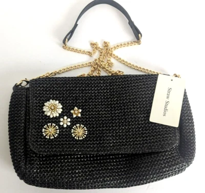 Bolso sin asas Straw Studios nuevo con etiquetas bandolera flores negras con cuentas 12x7 pulgadas Foto 1 de 4